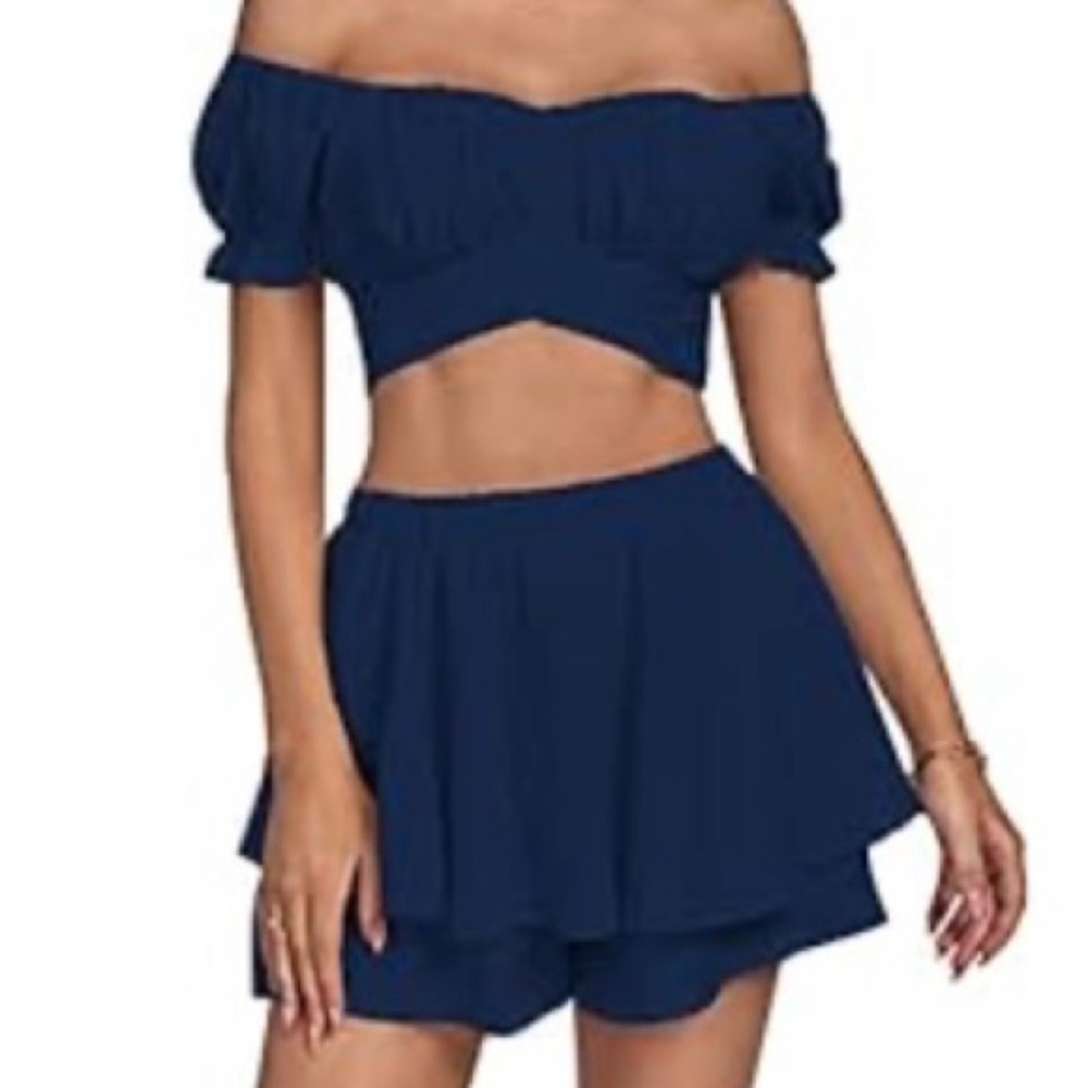 NEW Navy Blue Off Shoulder Crop Top Shirt Skort Skirt 2 Piece Set